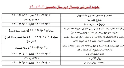 تقویم آموزشی ترم دوم 402-1401